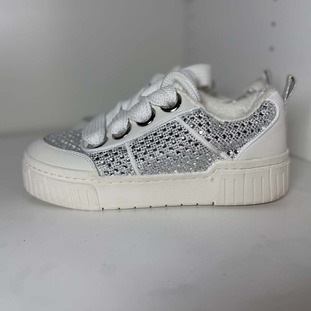 GB Girls White Platform Sneakers with Silver Rhinestone Embellishments